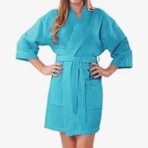 Teal Cotton Waffle short bathrobe Sz L